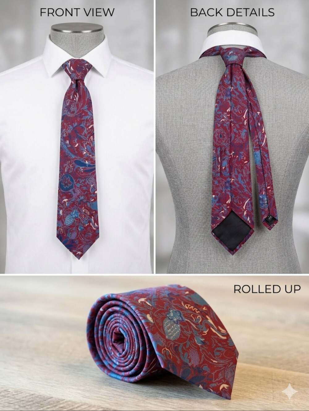 Michael Strahan Chadwick Floral 100% Silk Necktie in Burgundy and Blue